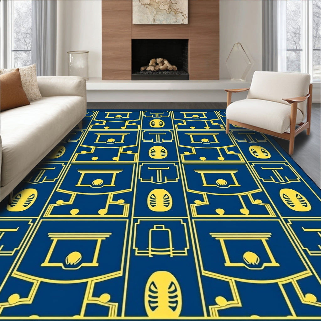 Art Deco Blue Yellow Geometric Medallion Rug