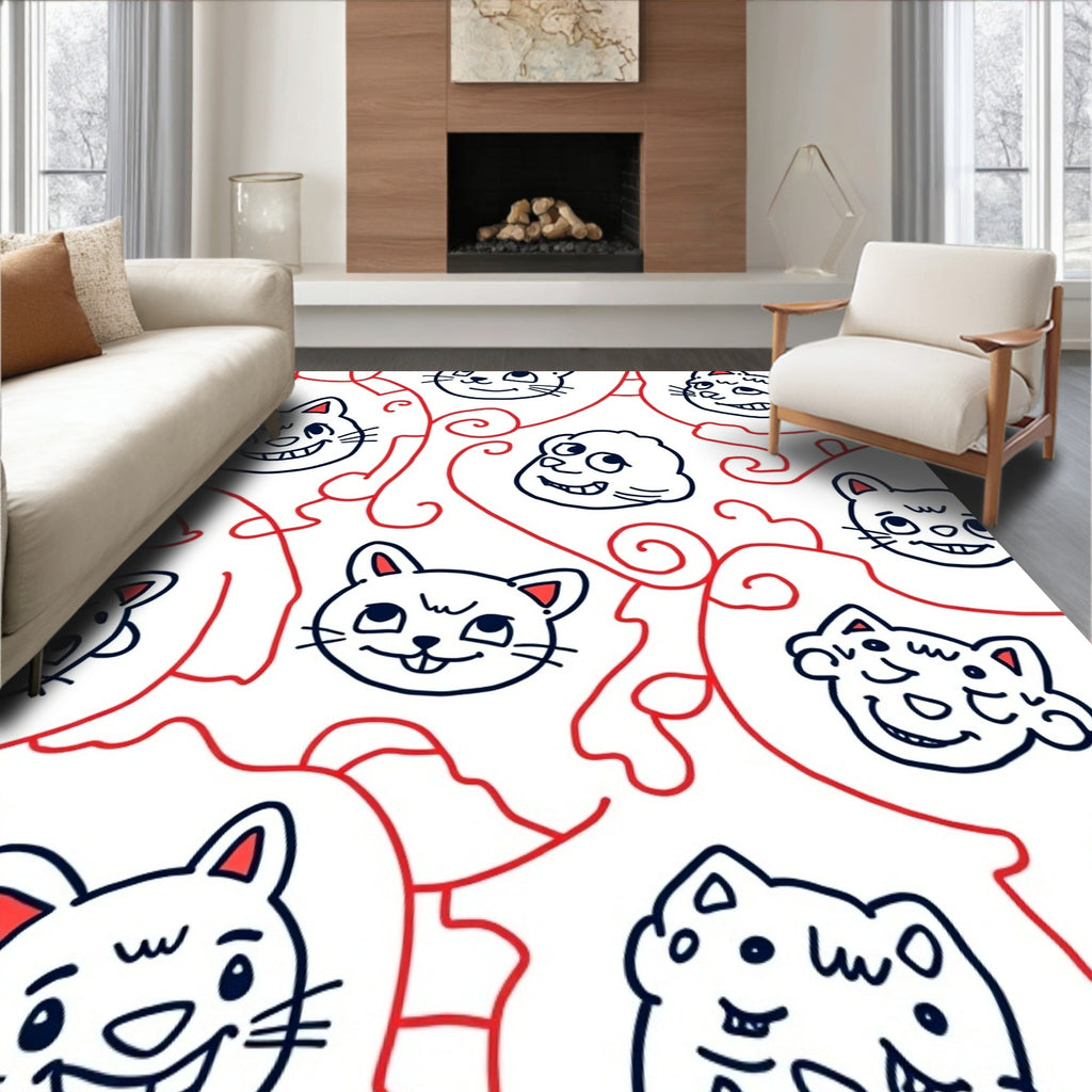 Whimsical Cat Faces Red Swirls Rug