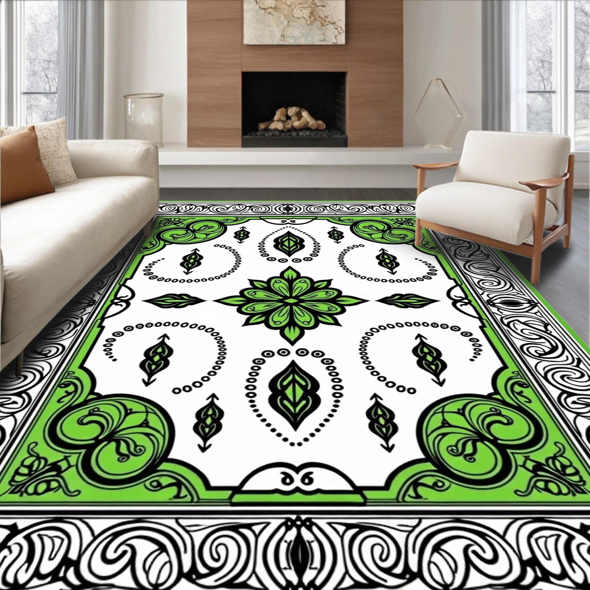 Vibrant Green Floral Arabesque Rug