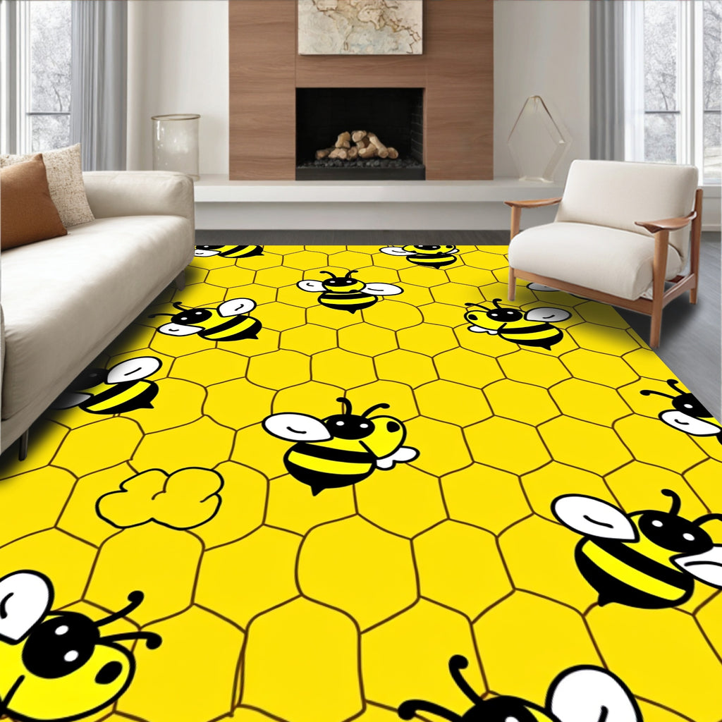 Playful Yellow Bee Hive Honeycomb Pattern Rug