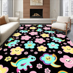Cute Teal Dinosaurs Pink Yellow Flowers Rug