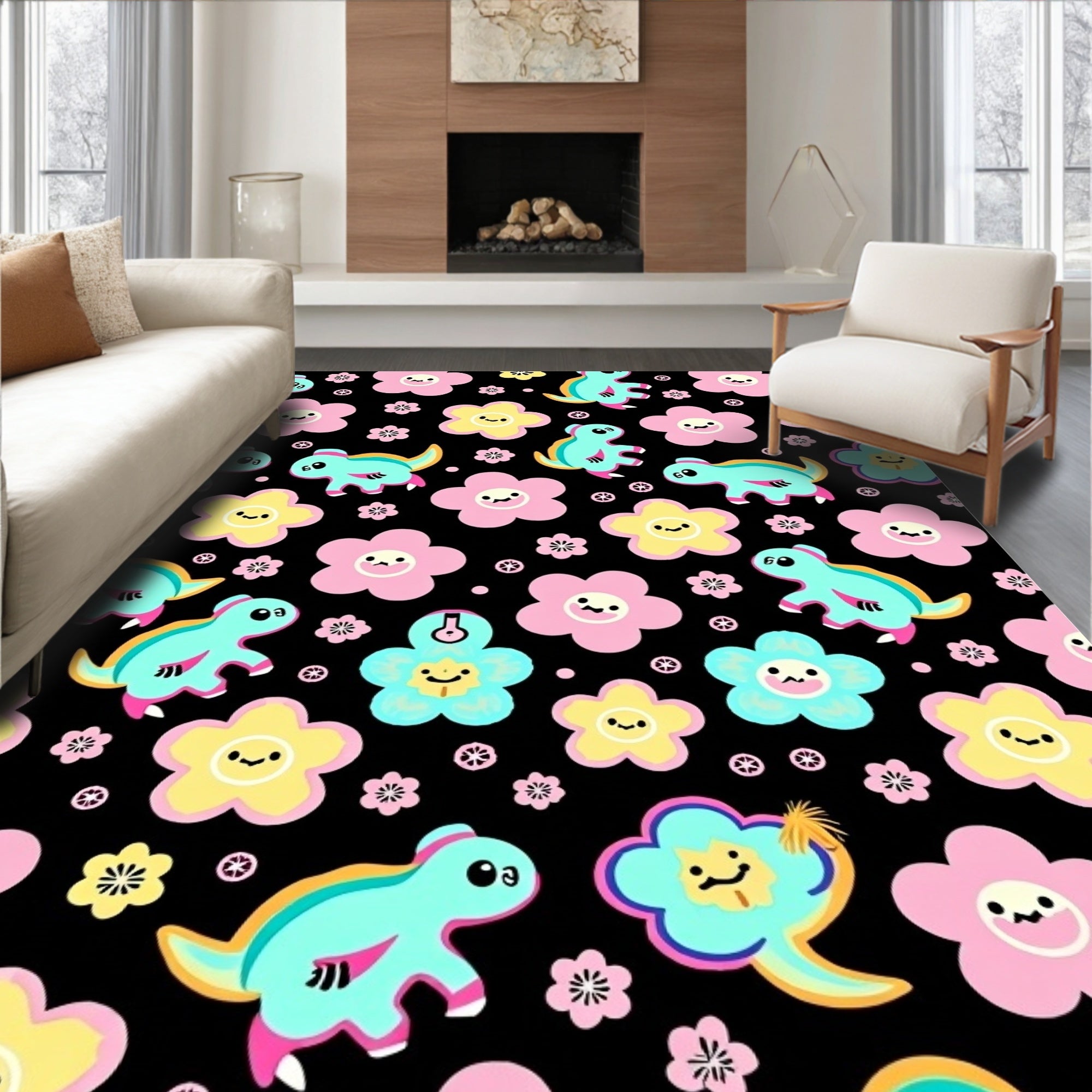 Cute Teal Dinosaurs Pink Yellow Flowers Rug