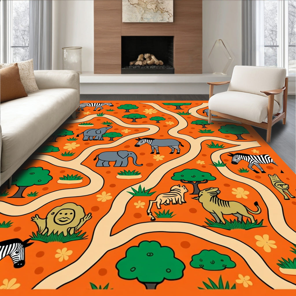 Savannah Orange Animal Herd Maze Rug