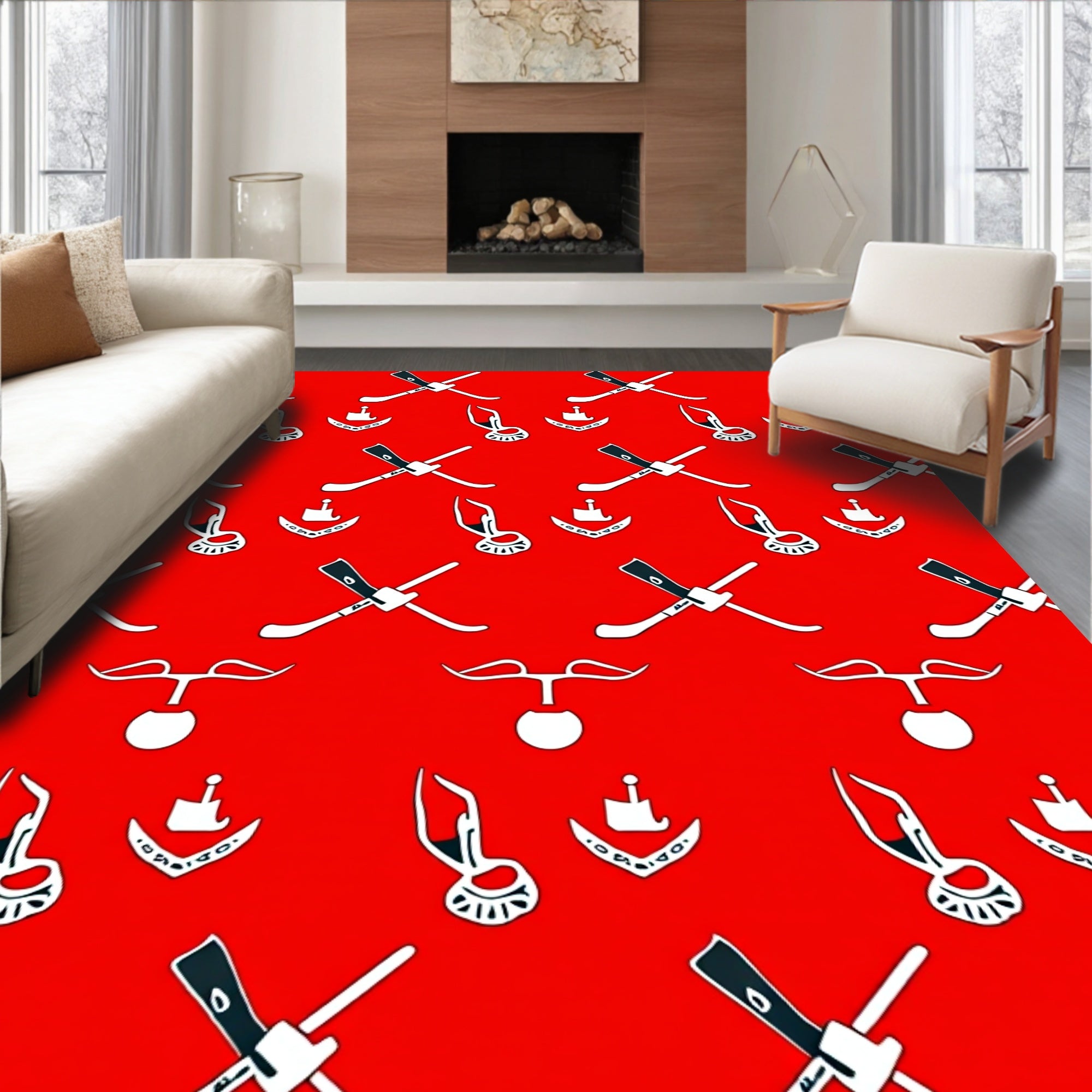 Crimson Crossed Skis Sailboat Motif Rug