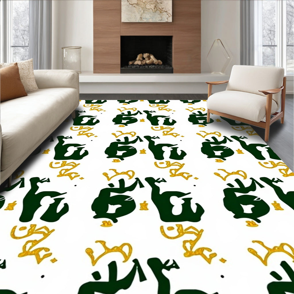 Bold Green Black Gold Calligraphy Rug