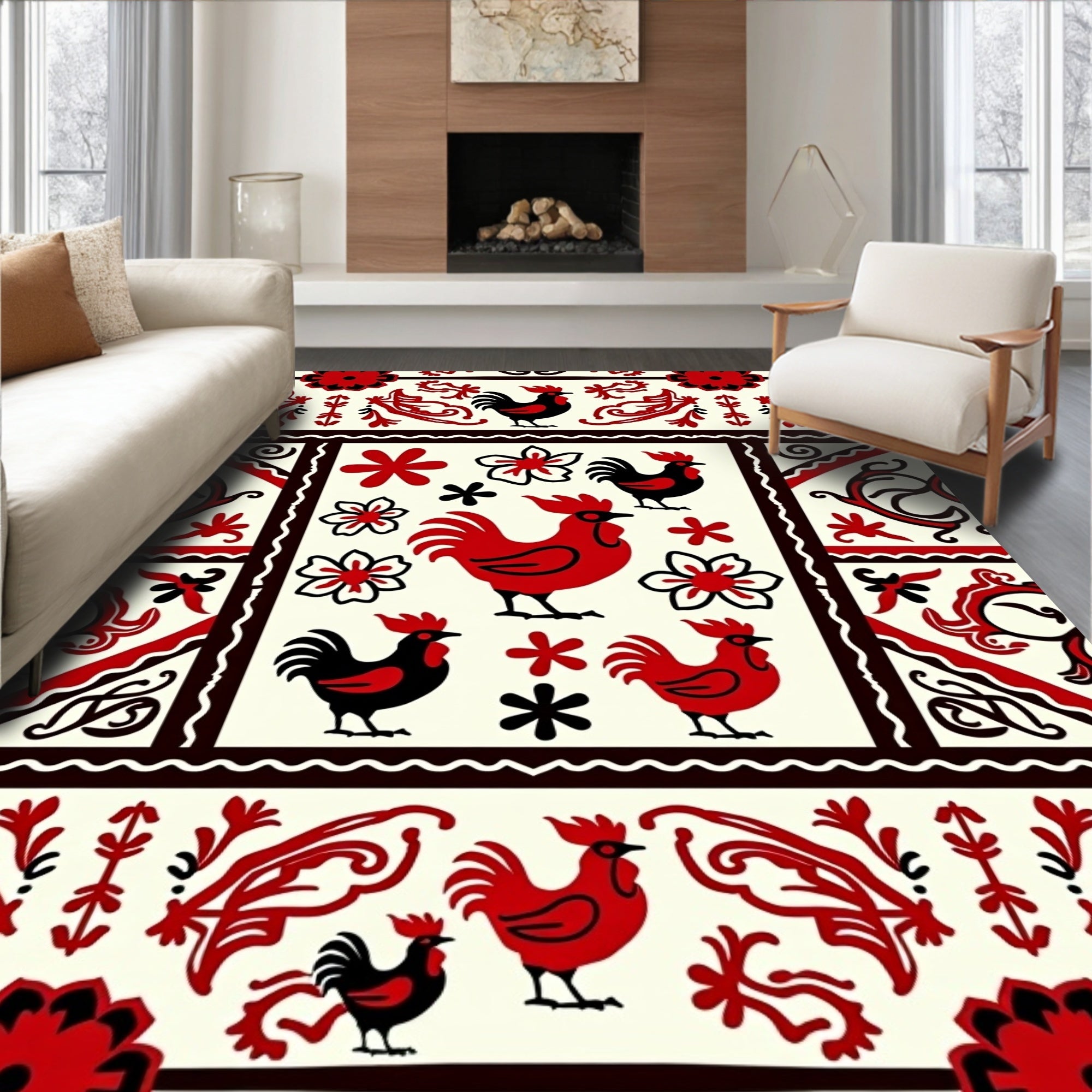 Folk Art Roosters Floral Border Rug