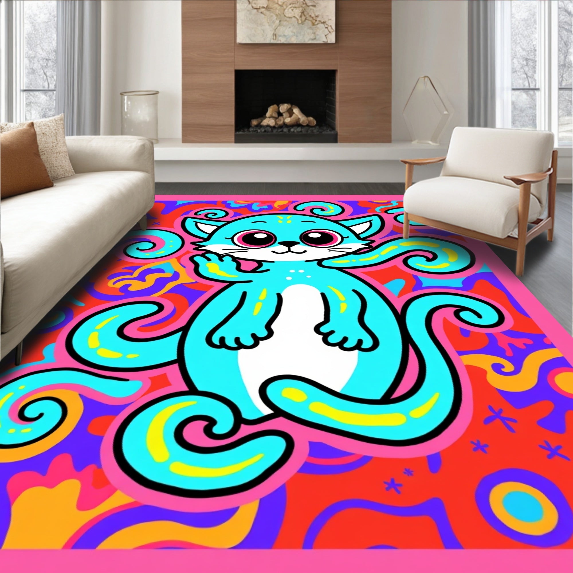 Whimsical Blue Cat Swirls Rug
