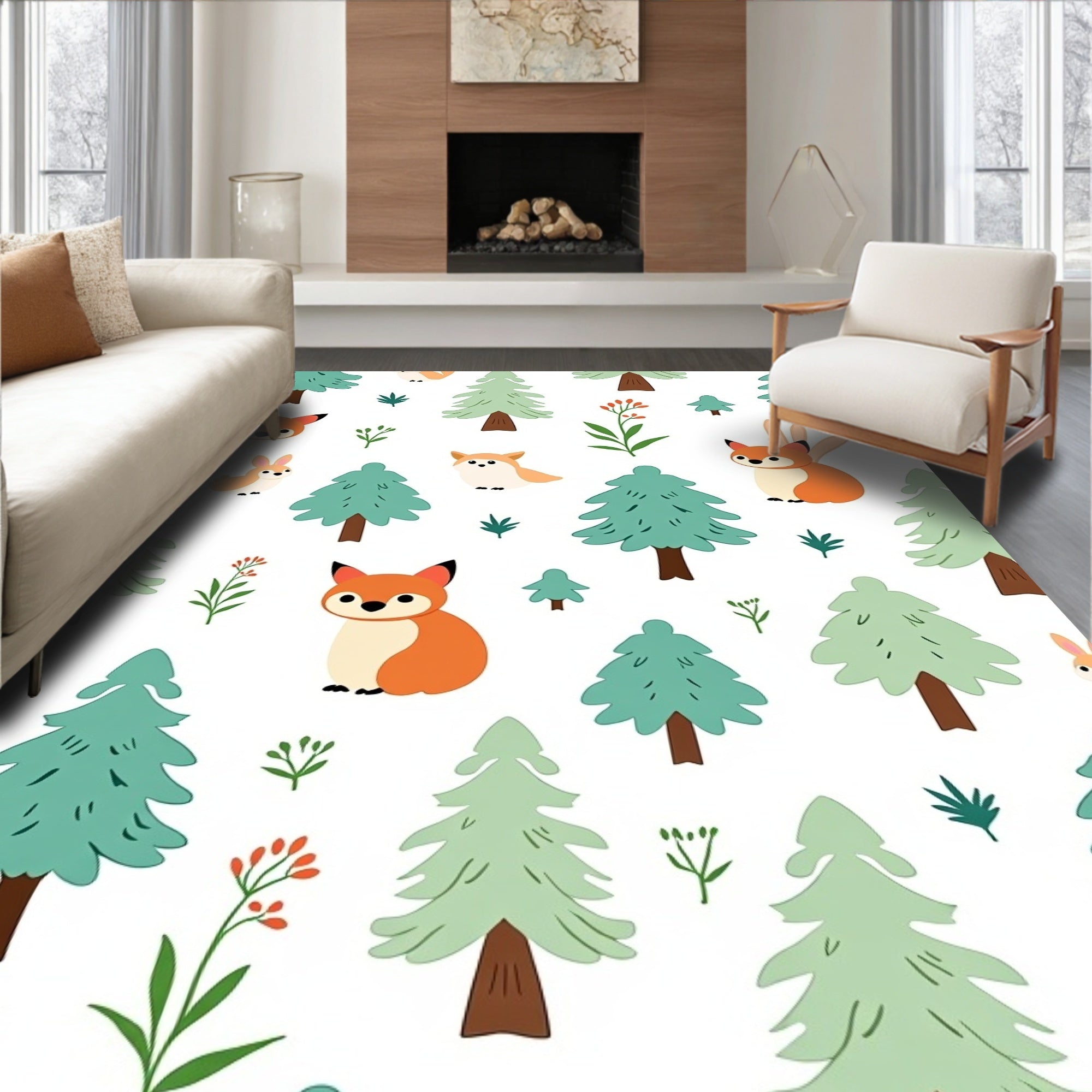 Forest Friends Cute Fox And Rabbit Rug