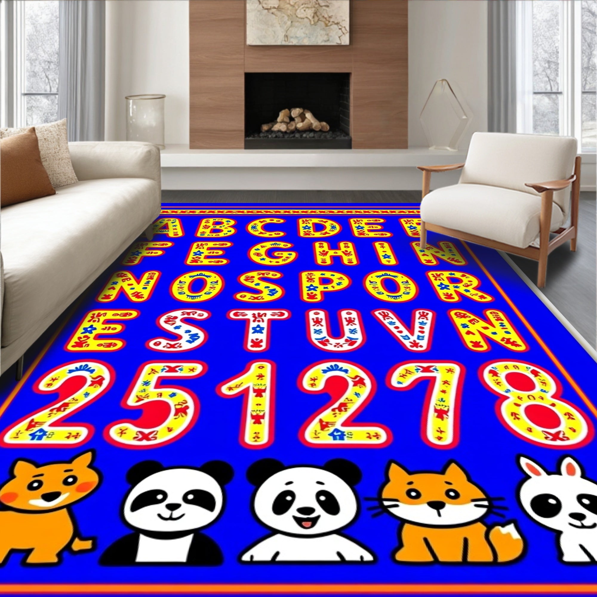 Yellow Blue Alphabet Animals Numbers Rug