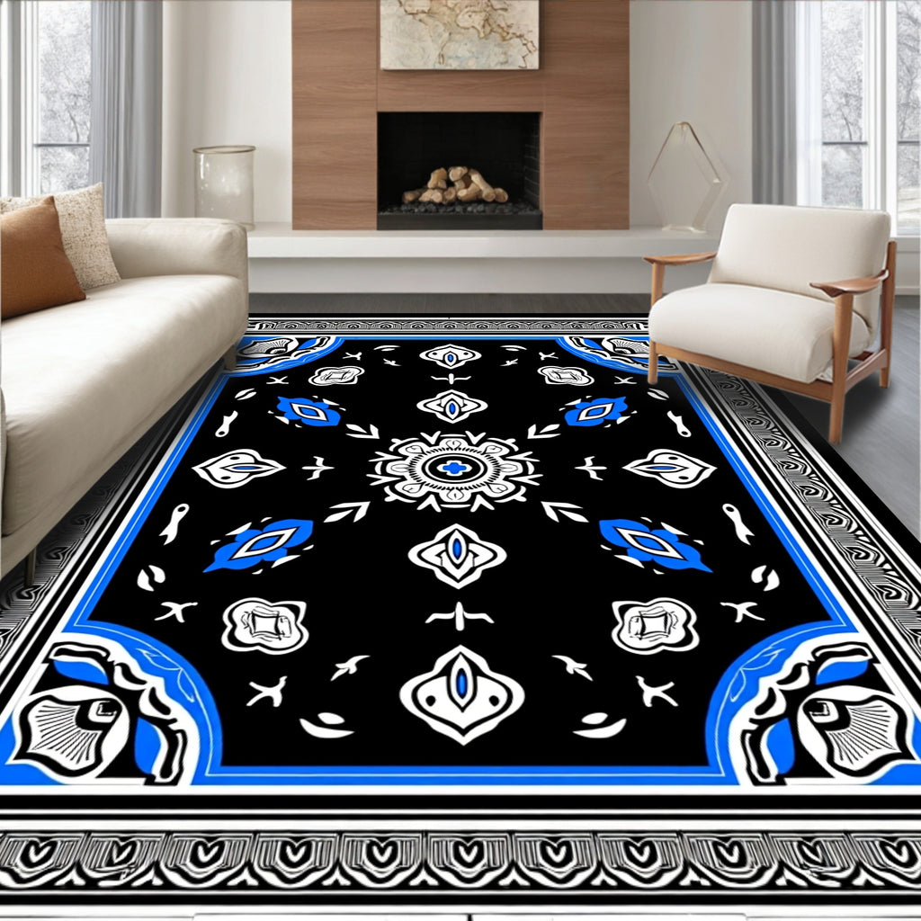 Black Blue White Medallion Bordered Rug