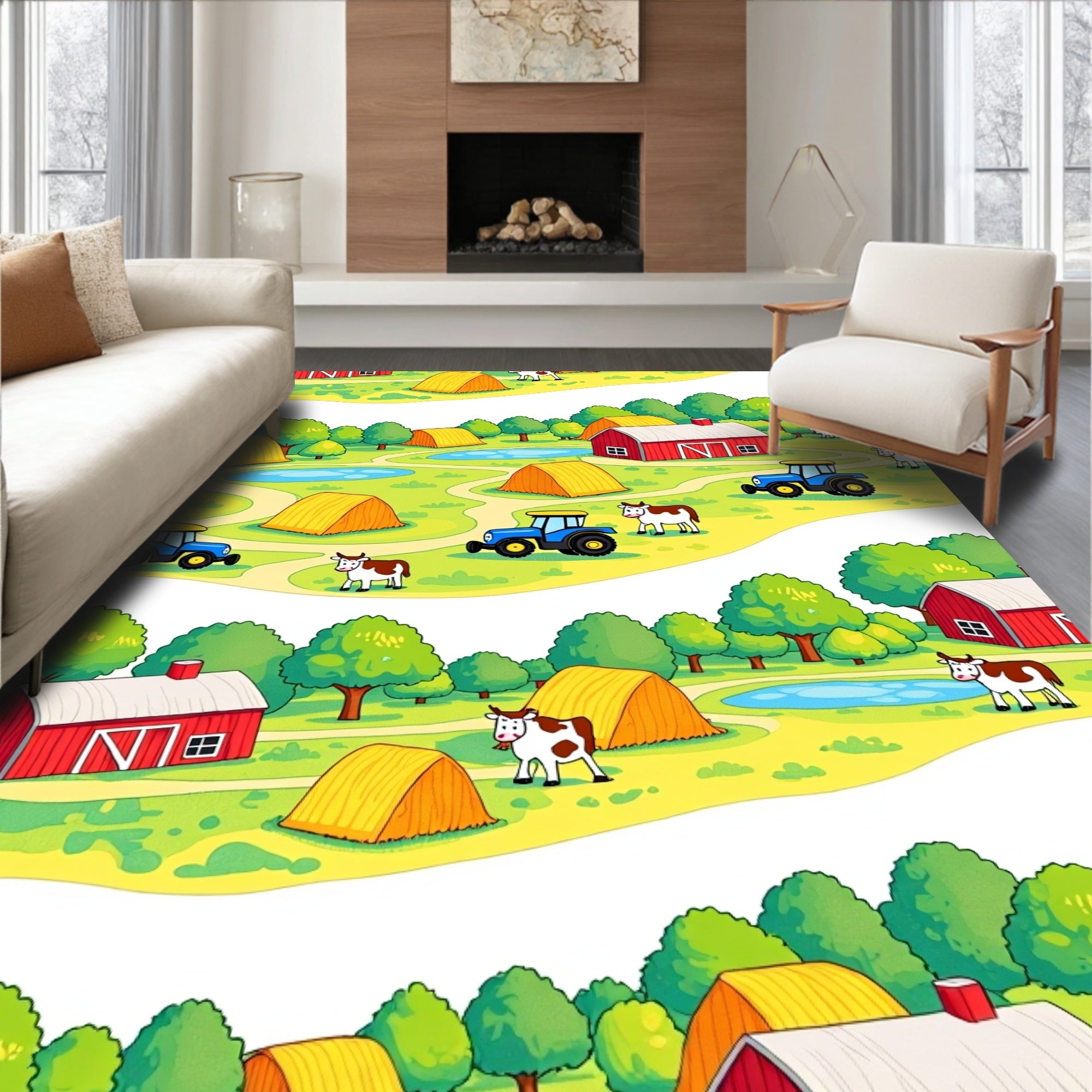 Farm Scene Blue Tractor Haystacks Barns Rug