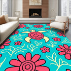 Aqua Pink Turtle Floral Whimsical Scene Rug