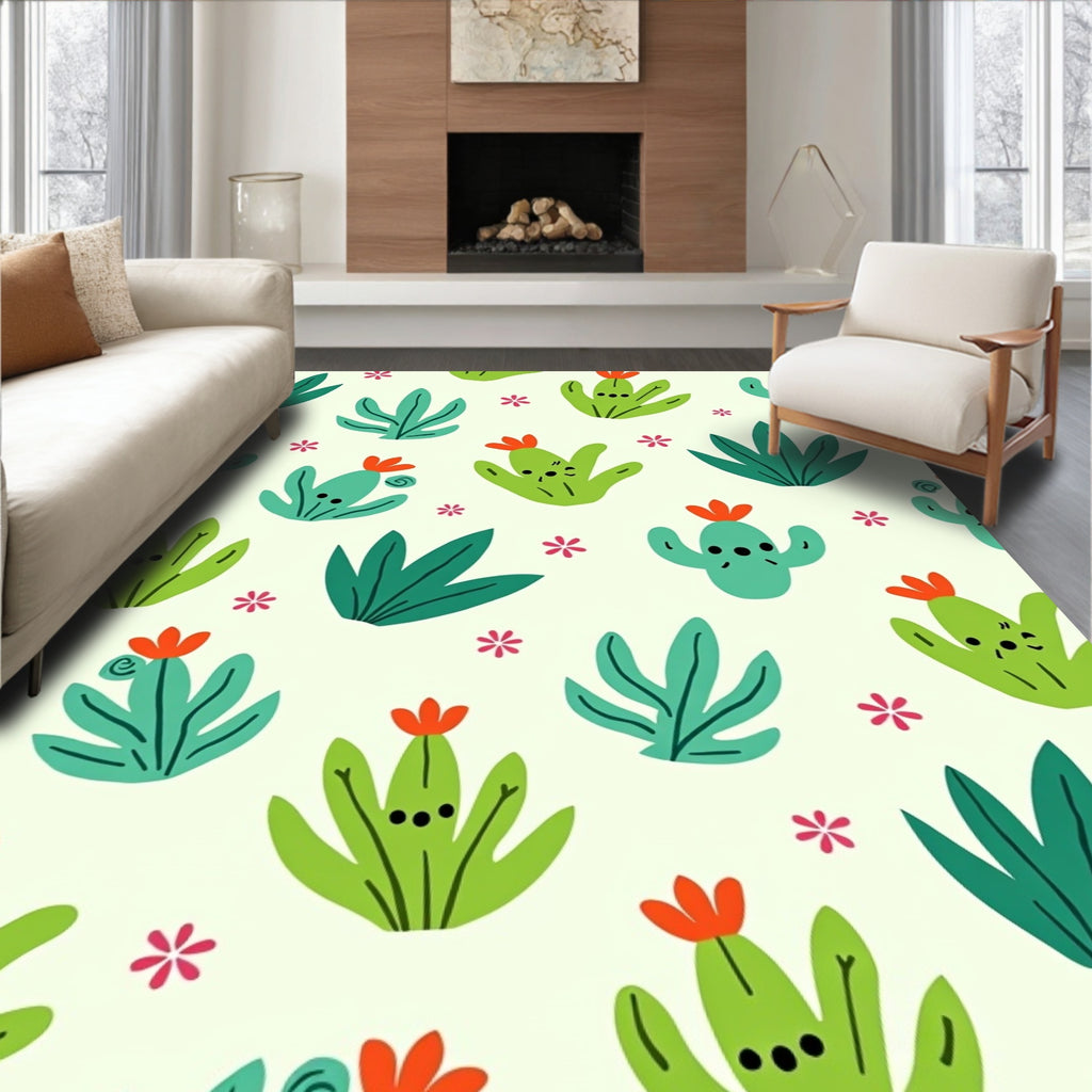 Whimsical Green Blooming Cactus Collection Rug