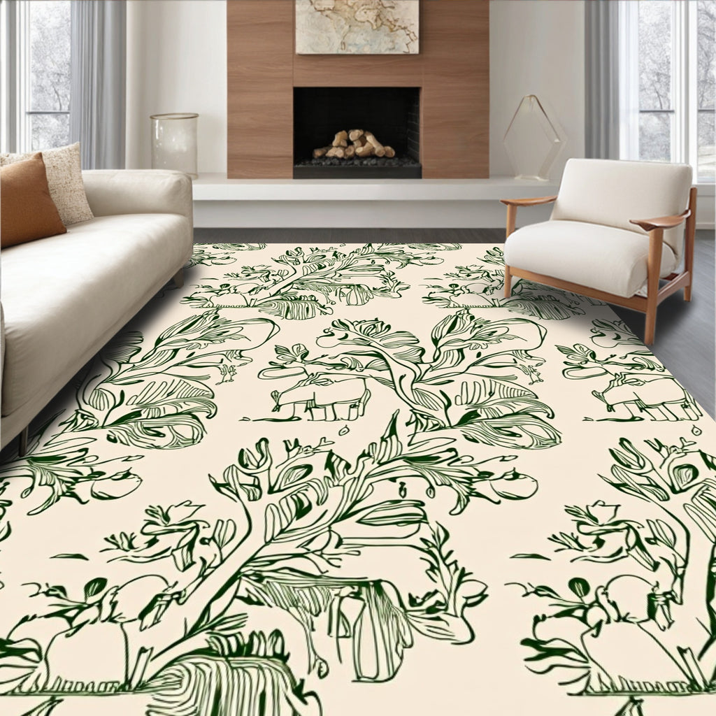 Whimsical Green Elephant Jungle Sketch Rug