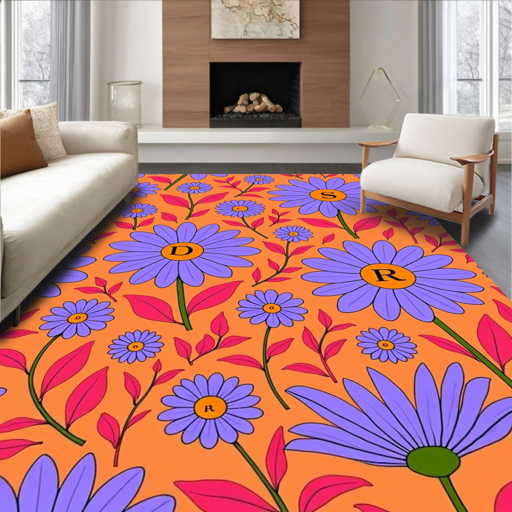 Groovy Purple Daisy Orange Floral Rug