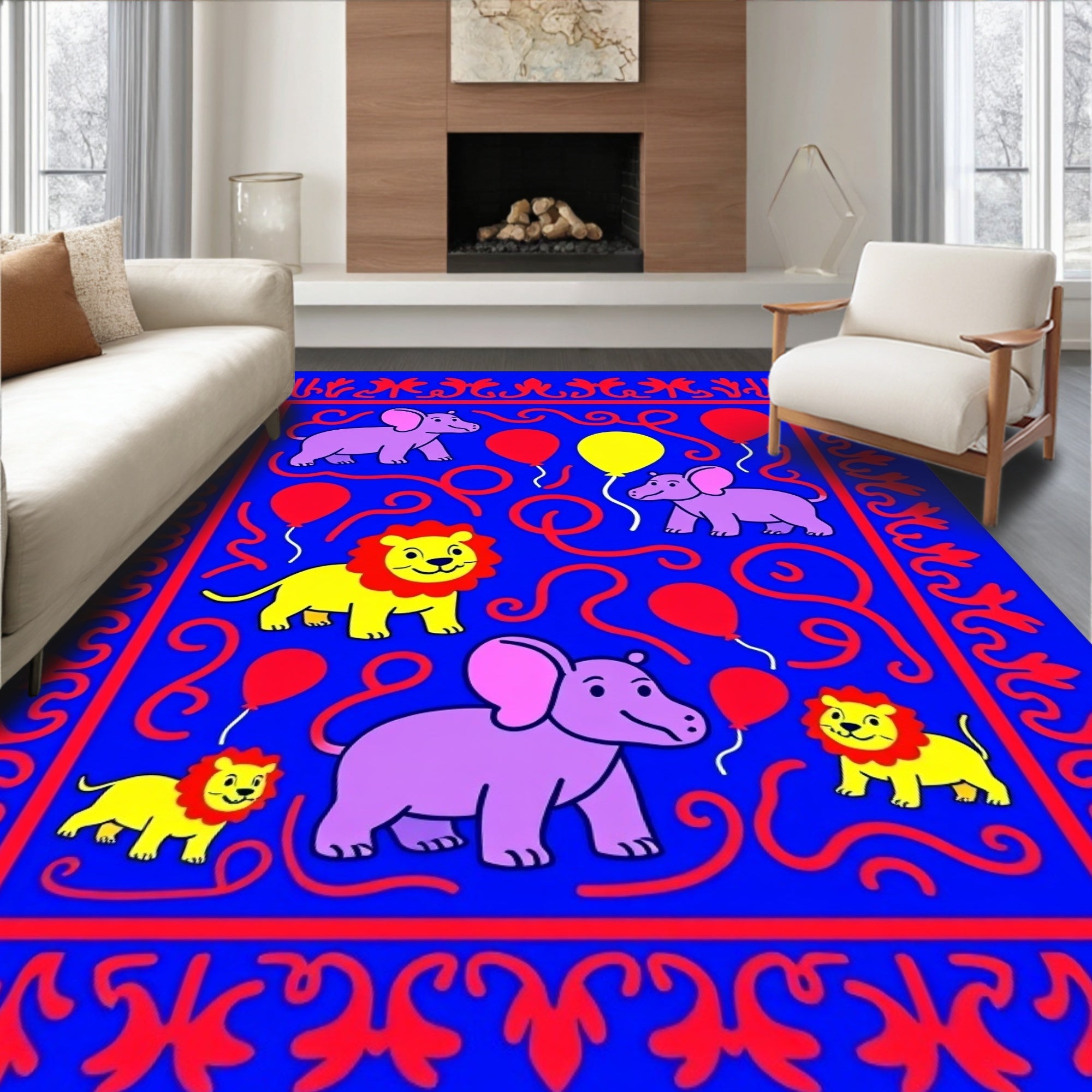 Fun Purple Elephants Yellow Lions Balloons Rug
