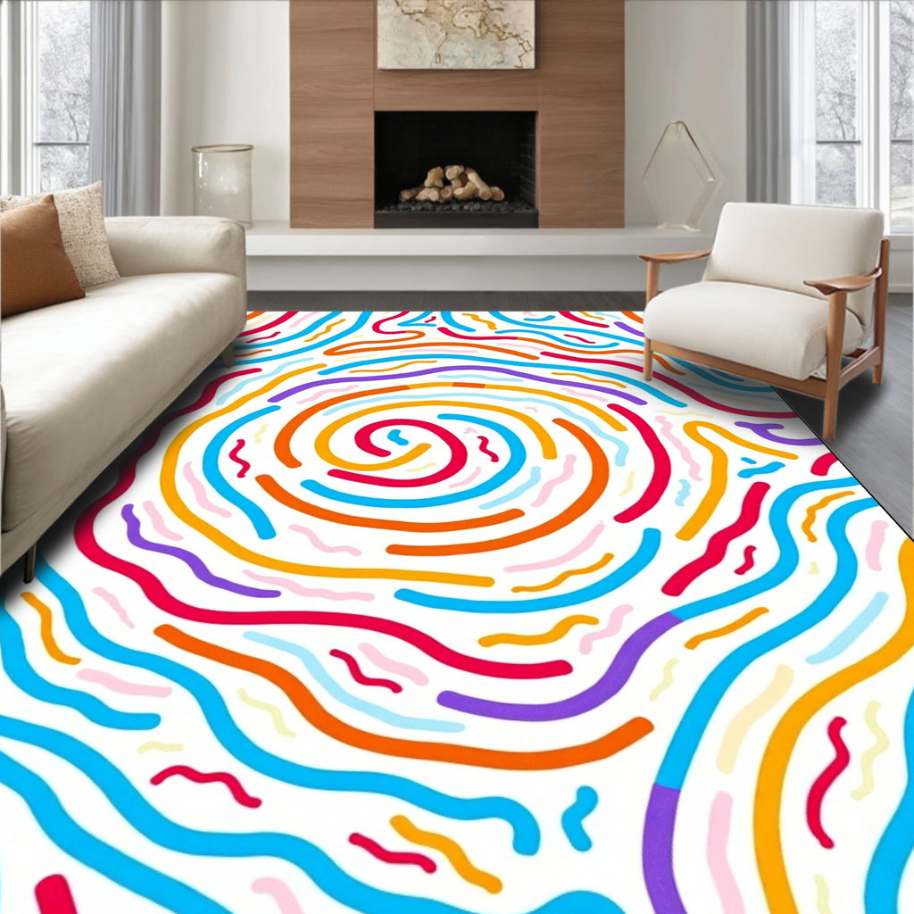 Whimsical Rainbow Swirl Abstract Lines Rug