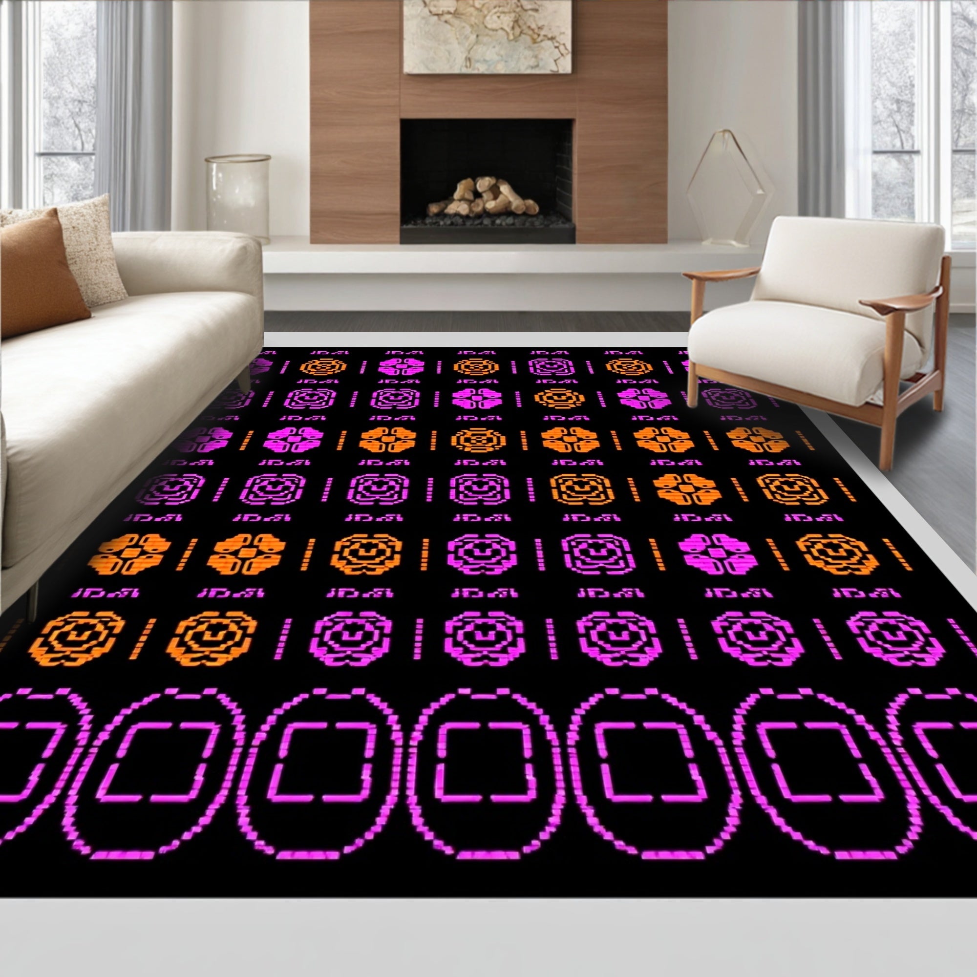 Pink Orange Pixelated Floral Medallion Rug