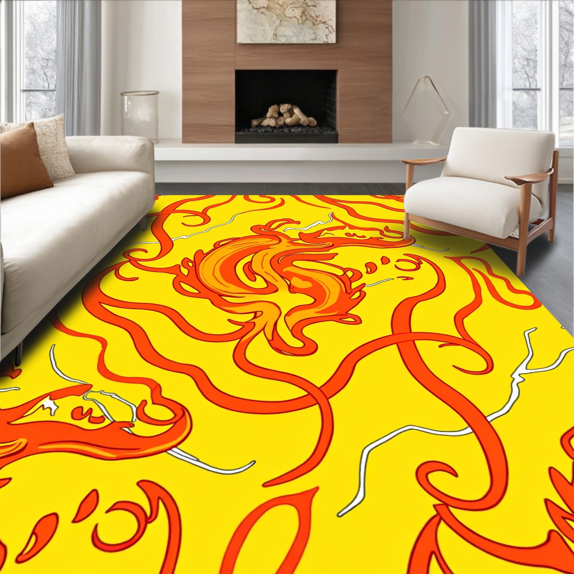 Fiery Orange Yellow Swirls Rug