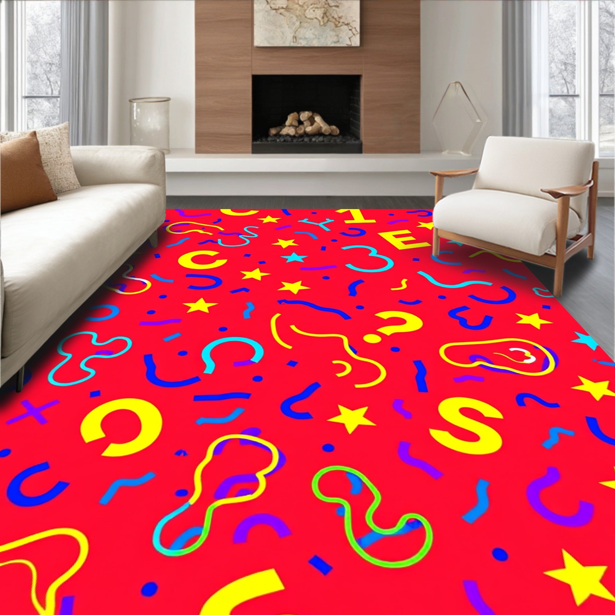 Retro Red Alphabet and Number Collage Rug