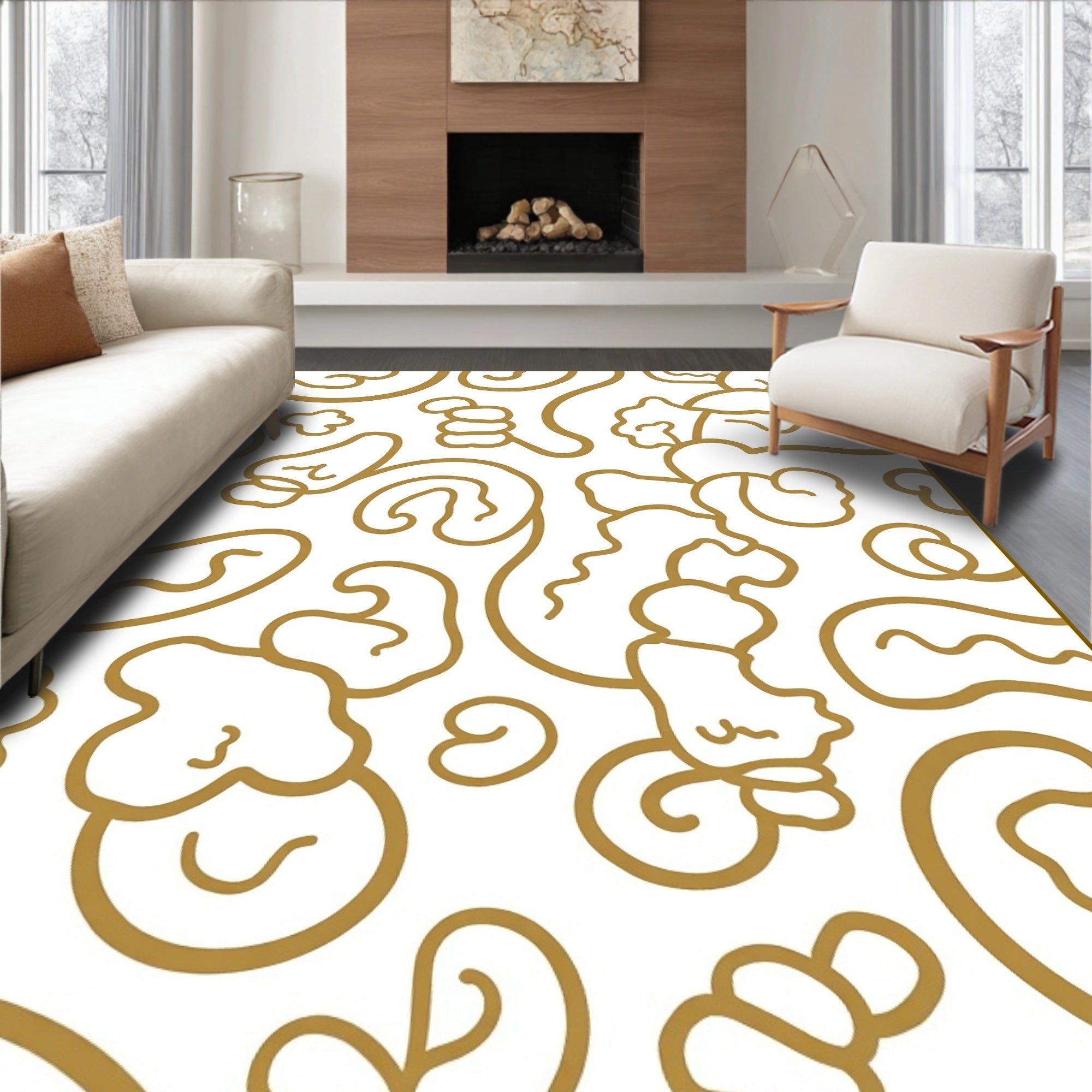 Golden Abstract Swirls And Shapes Rug