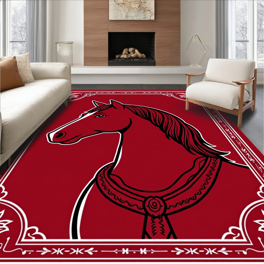 Regal Crimson Horse Silhouette Border Rug