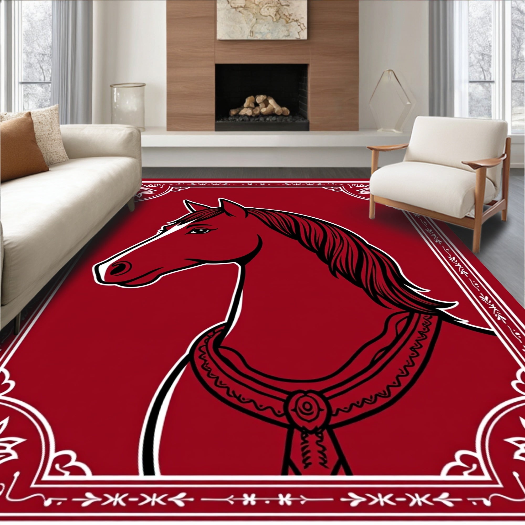 Regal Crimson Horse Silhouette Border Rug