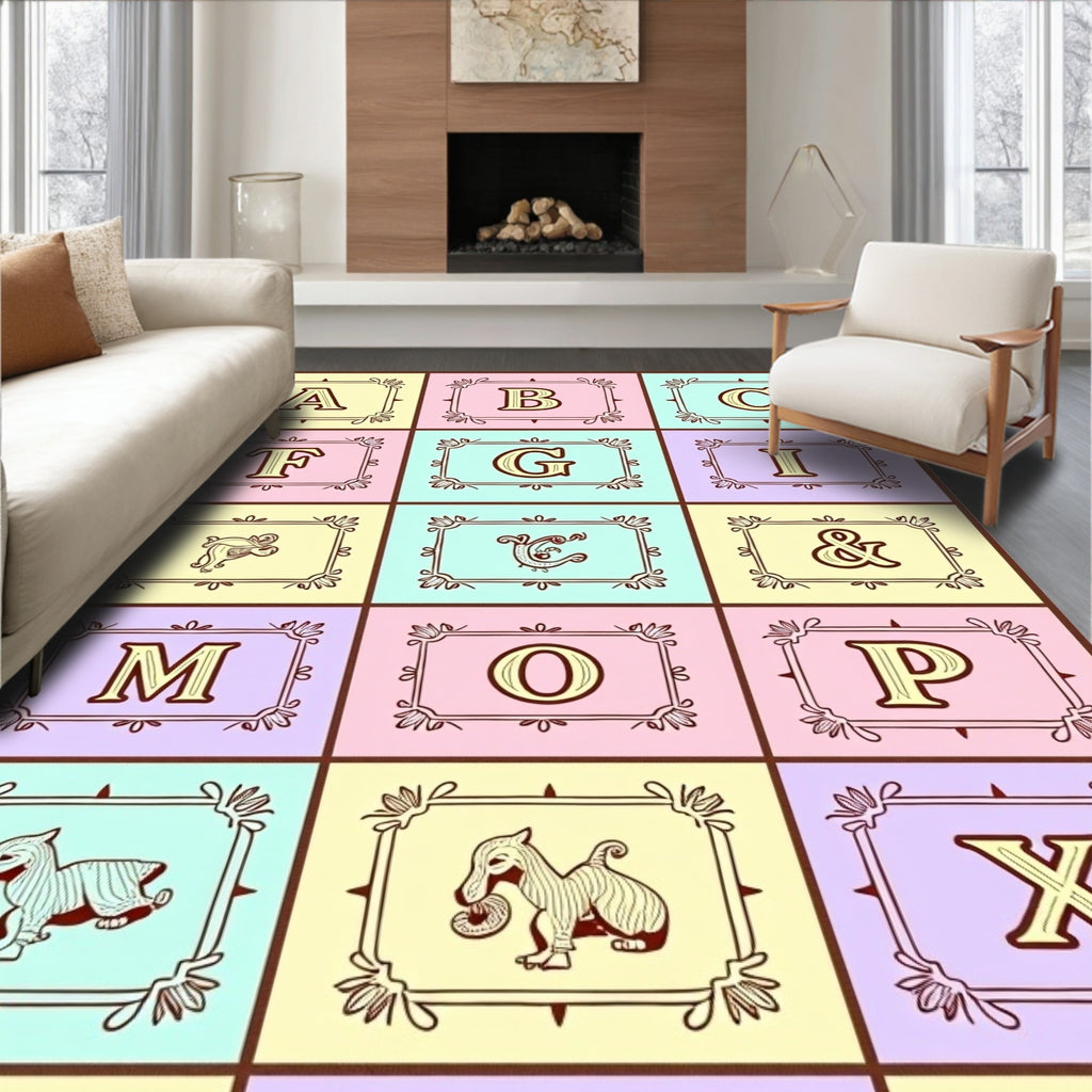 Whimsical Alphabet Creatures Pastel Rug