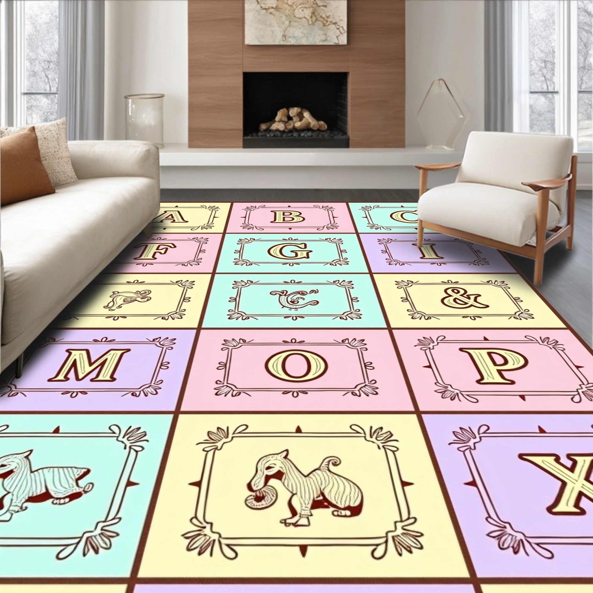 Whimsical Alphabet Creatures Pastel Rug