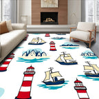 Nautical Red White Lighthouse Ships Rug