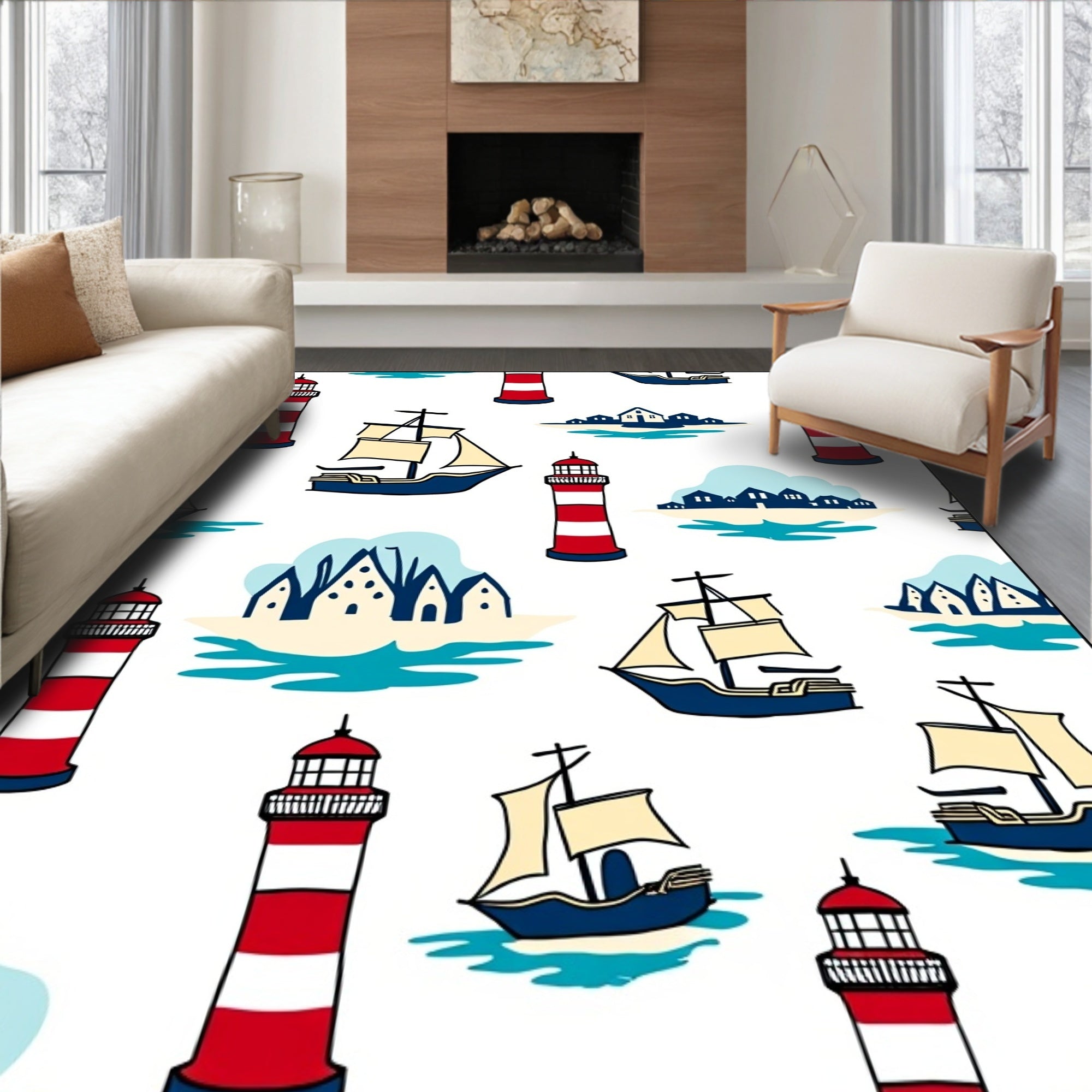 Nautical Red White Lighthouse Ships Rug
