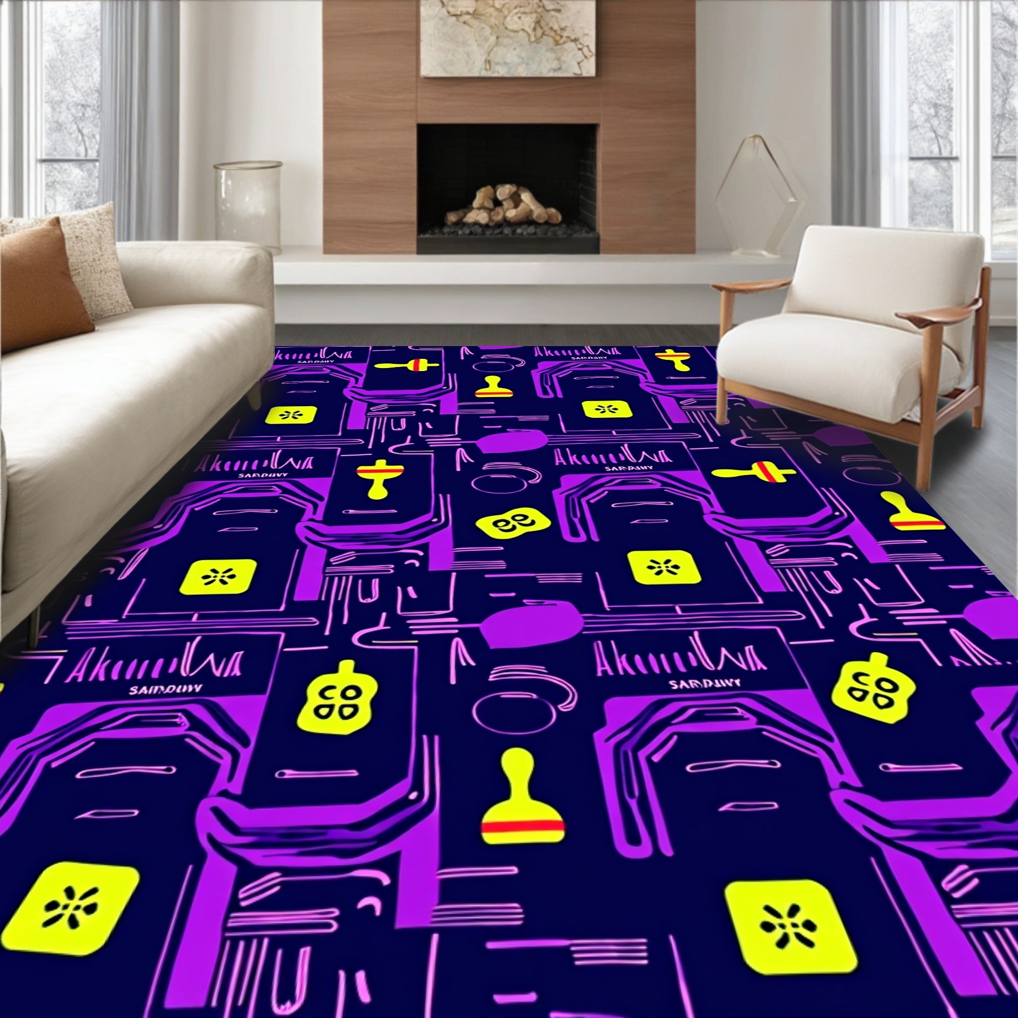 Abstract Purple Yellow Neon Circuit Rug