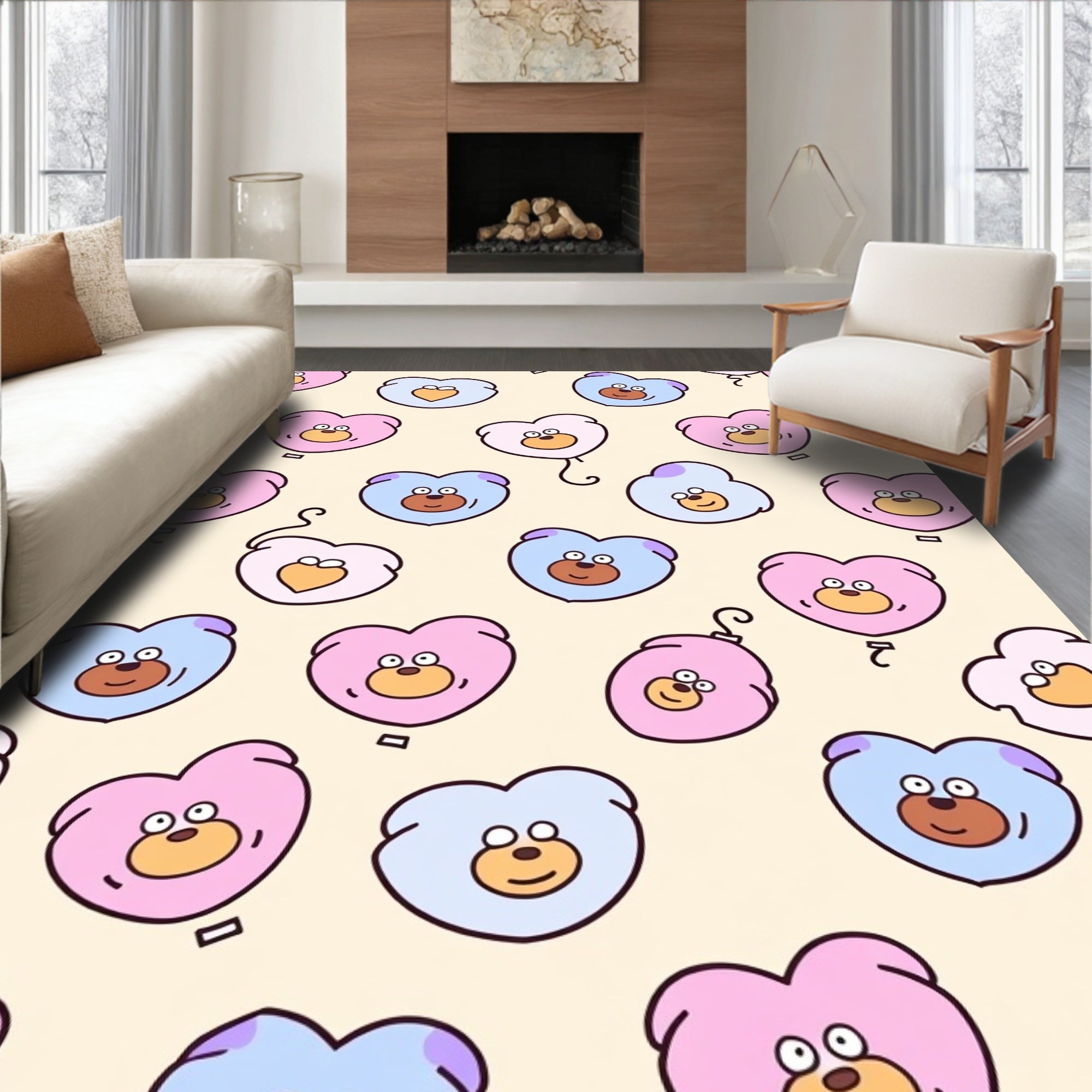 Playful Pink Blue Bear Heart Balloons Rug