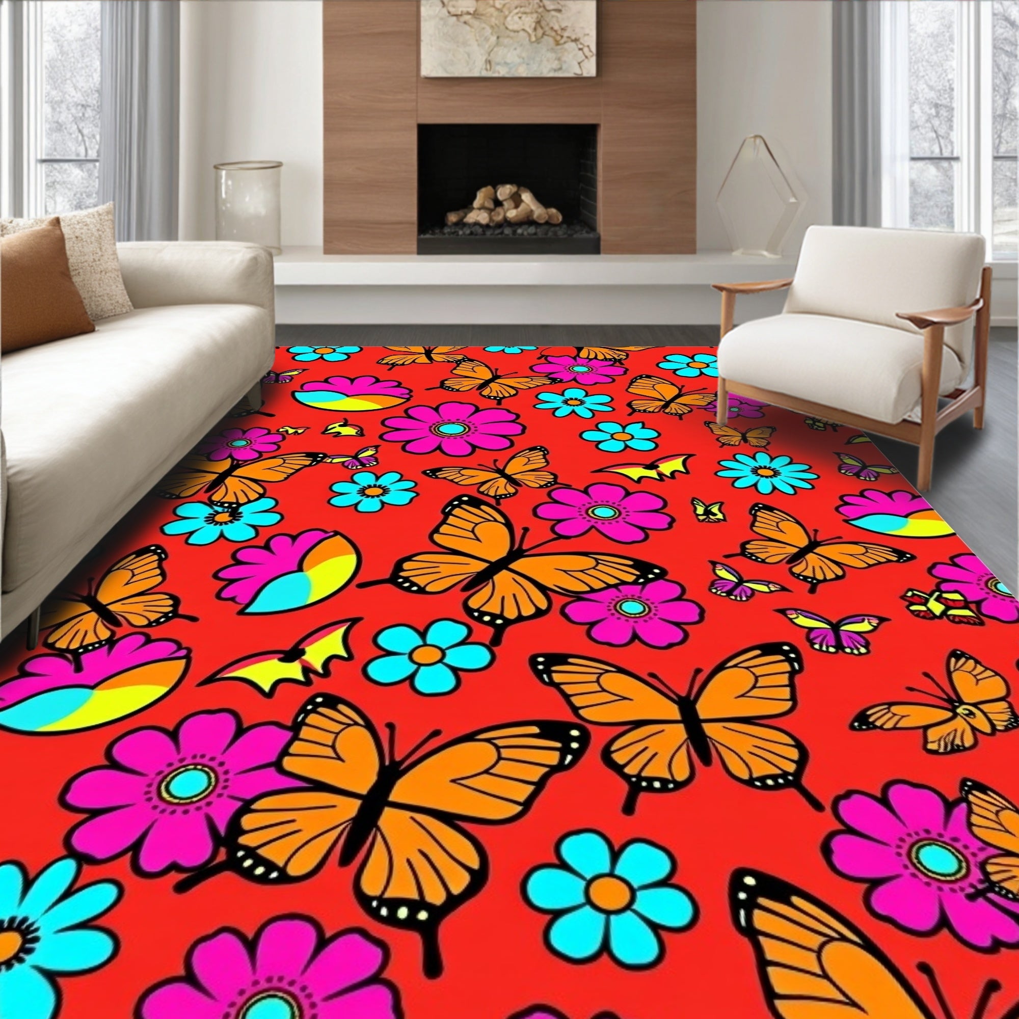 Retro Orange Butterfly Floral Medley Rug