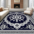 Dark Blue White Ornamental Sunburst Rug