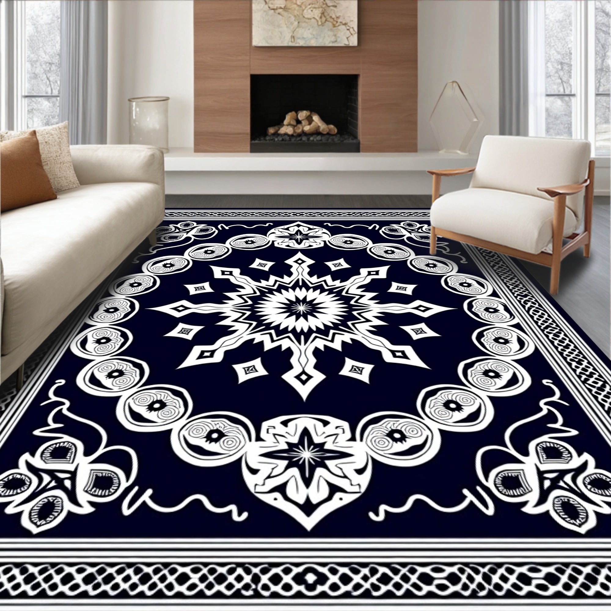 Dark Blue White Ornamental Sunburst Rug