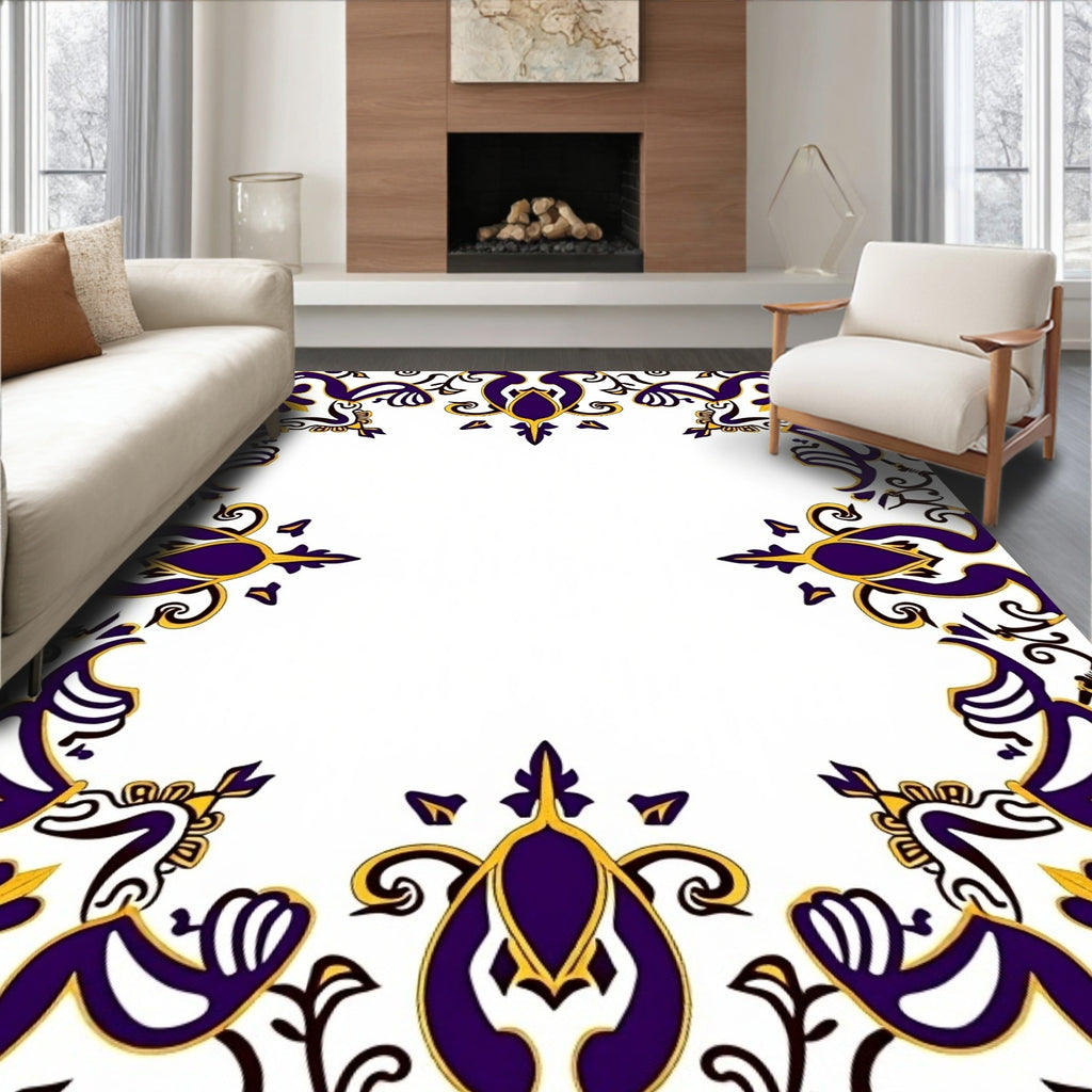 Ornate Gold White Royal Blue Scroll Rug