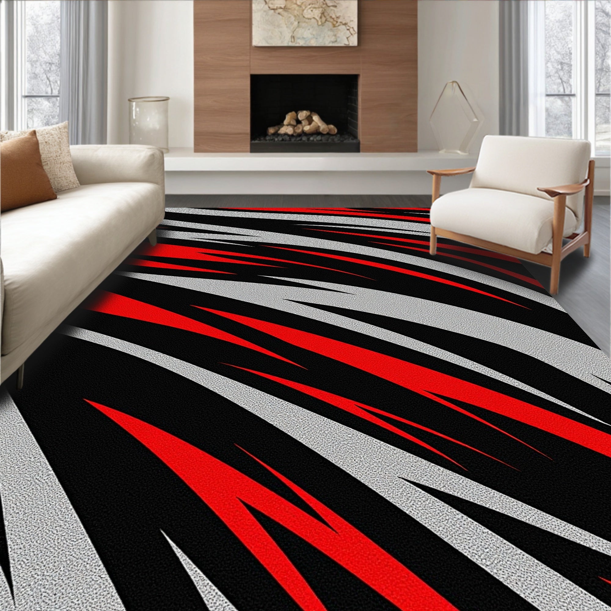 Bold Red Black White Stripe Rug