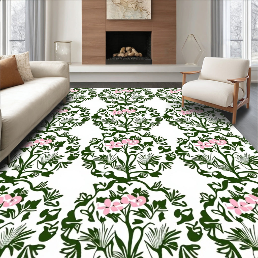 Pink Floral Greenery Circular Arrangement Rug