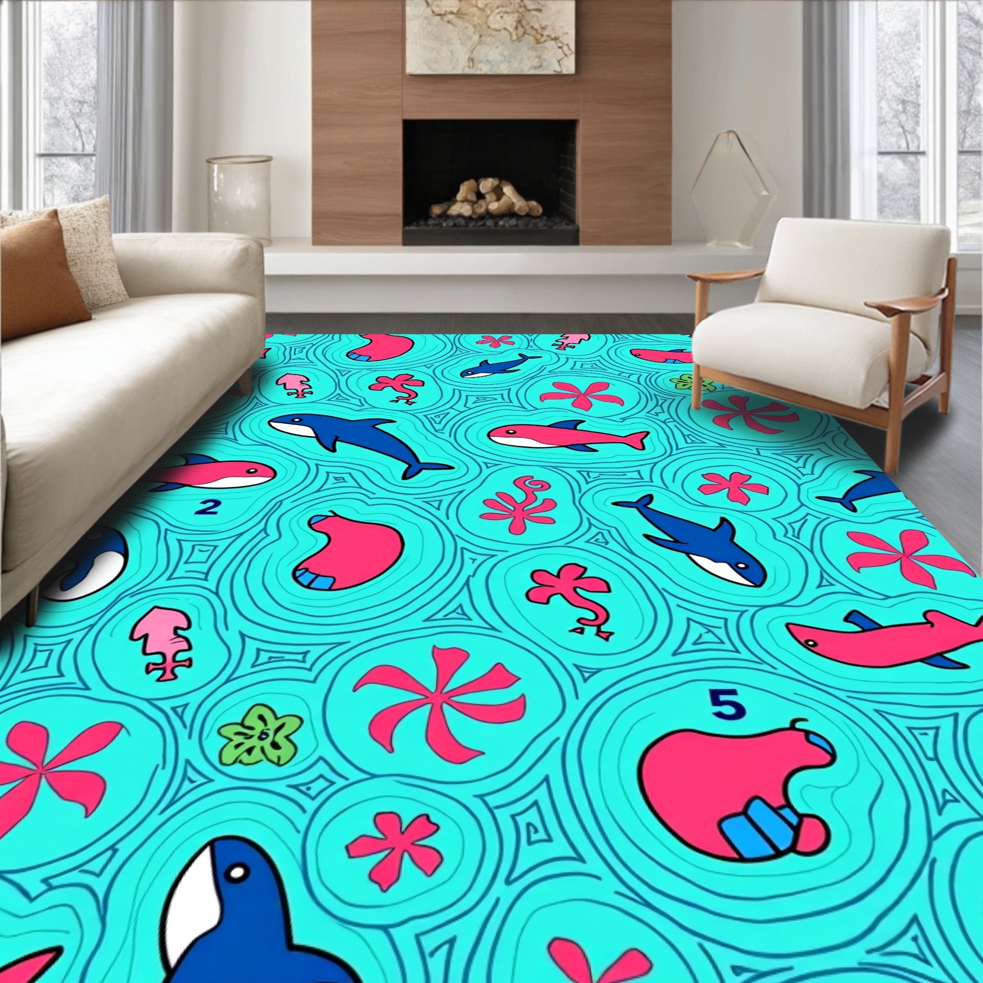 Aqua Coral Sea Life Whimsical Rug