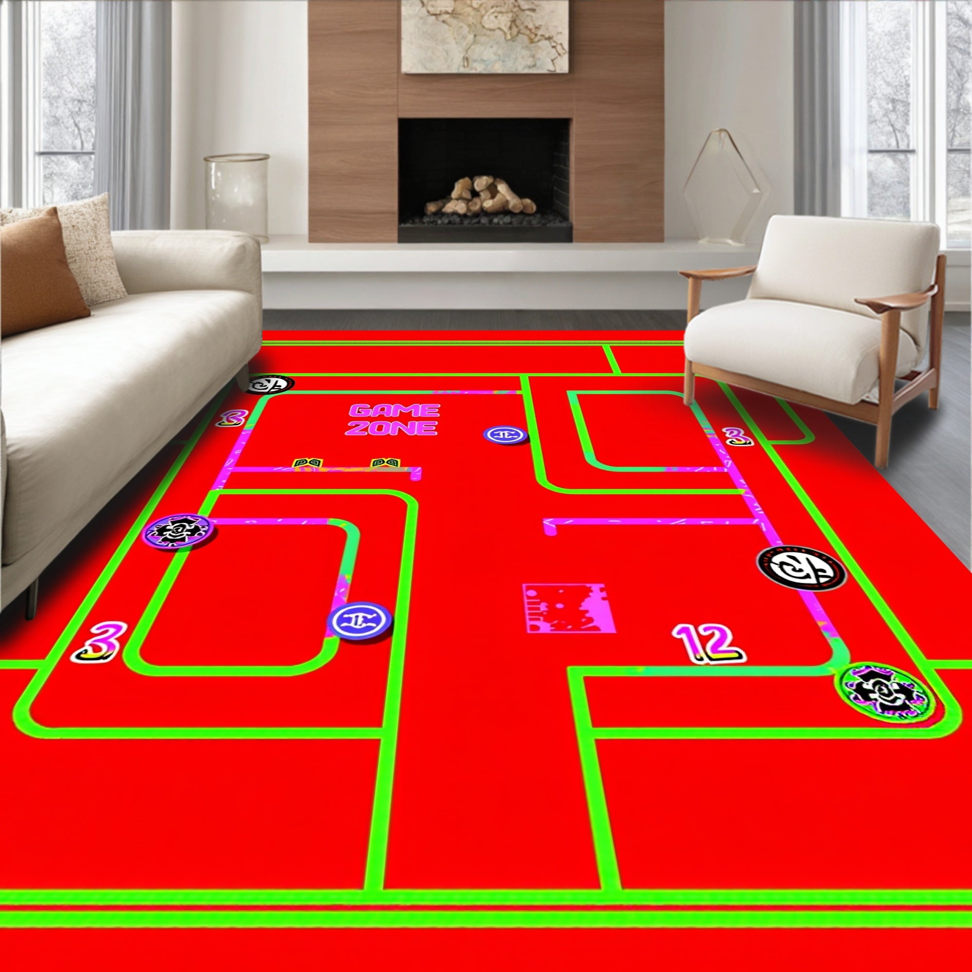 Vibrant Neon Maze Game Zone Rug