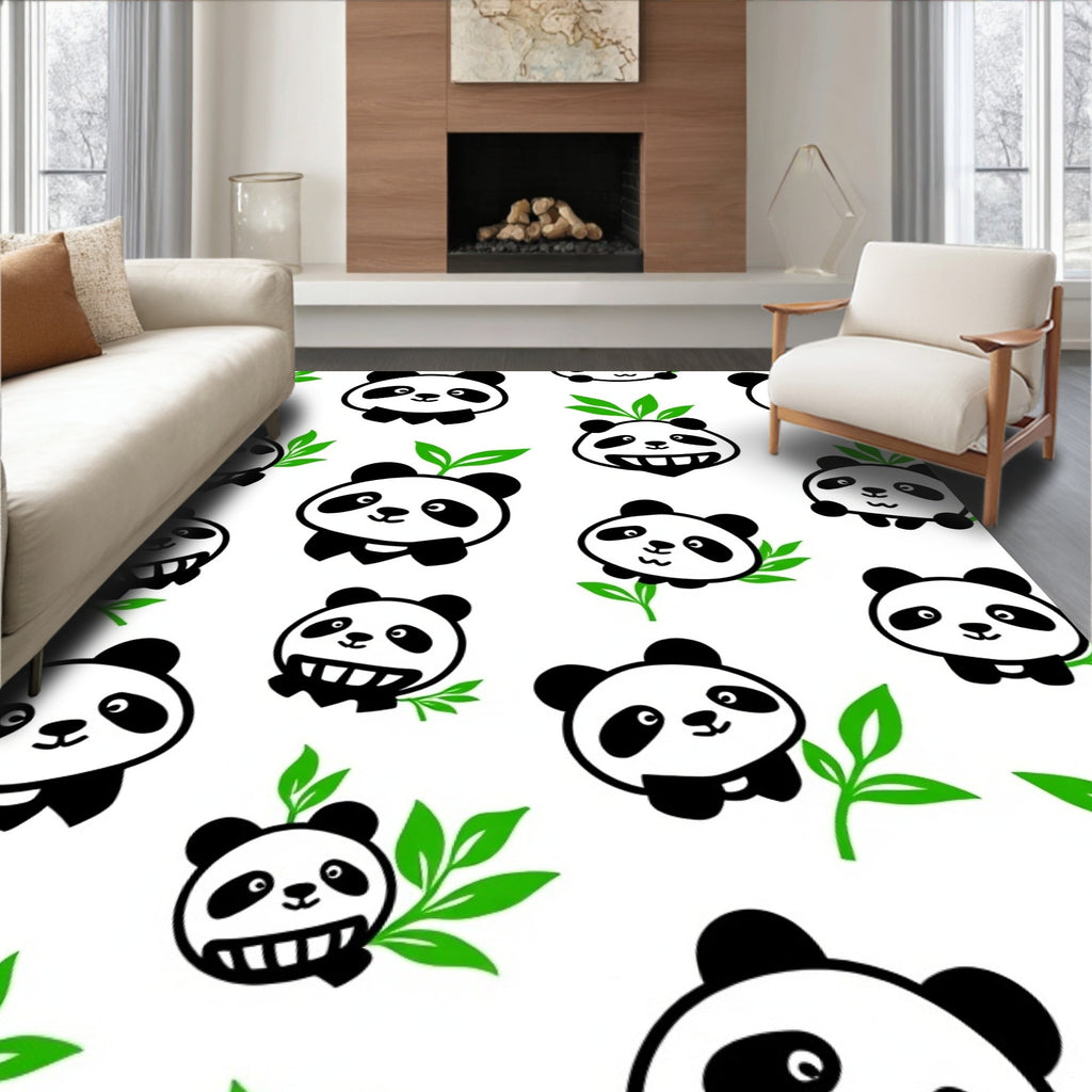 Cute Panda Bear Illustrations Black White Rug