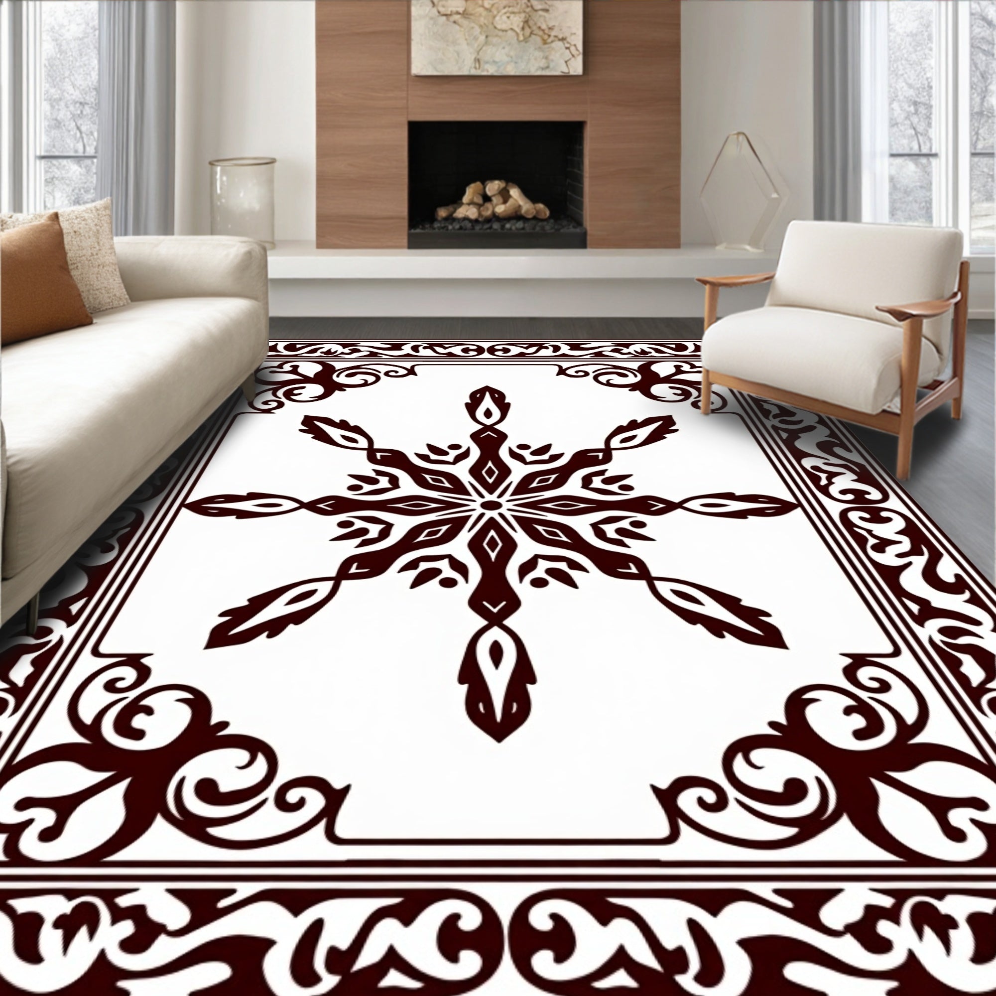 Ornate Dark Brown Medallion Frame Rug