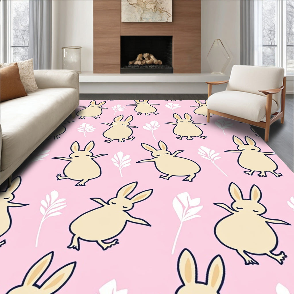 Pastel Pink Dancing Bunny Floral Rug
