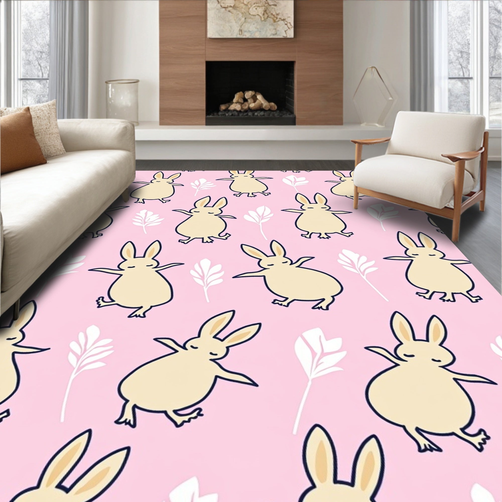 Pastel Pink Dancing Bunny Floral Rug
