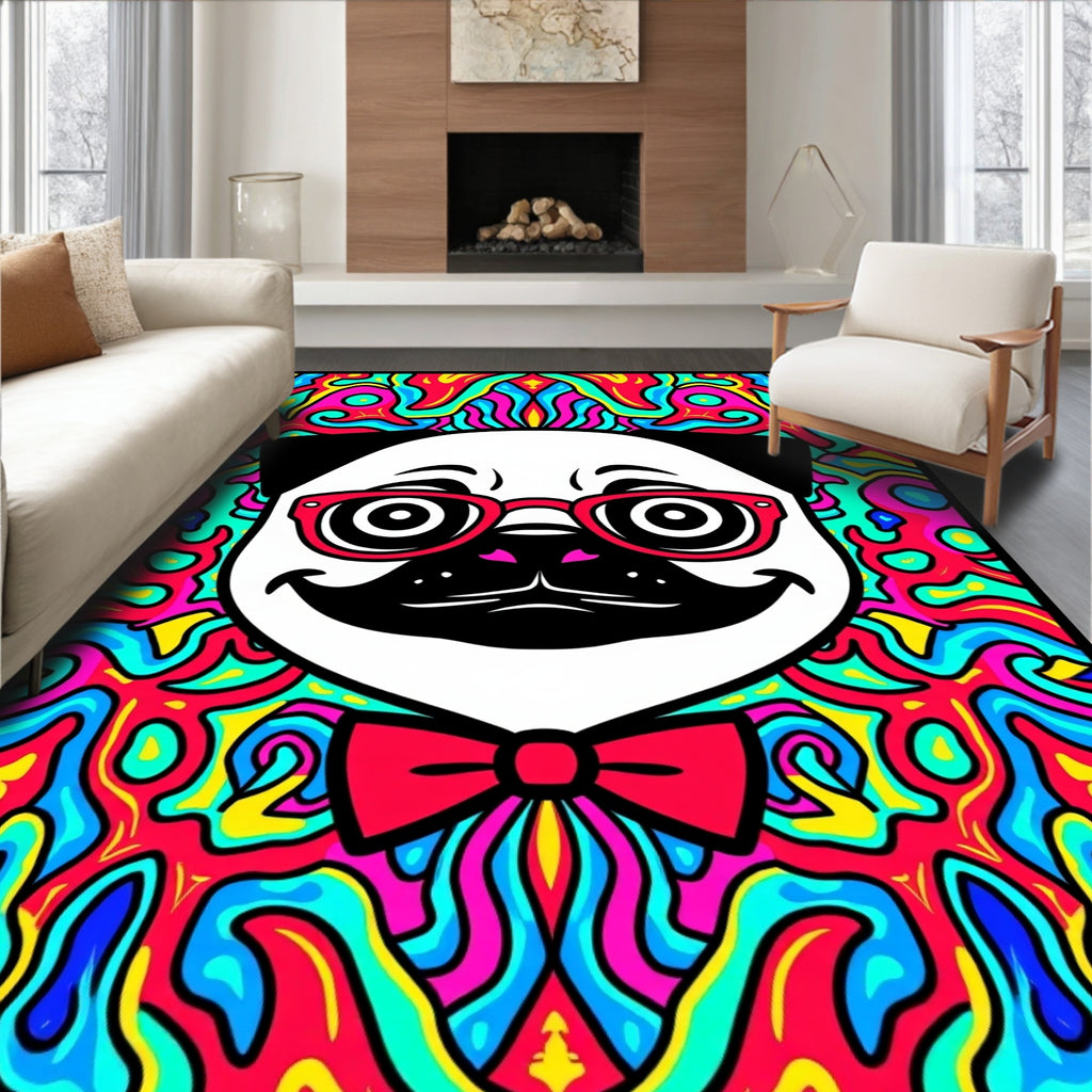 Groovy Pug with Red Glasses Bowtie Rug