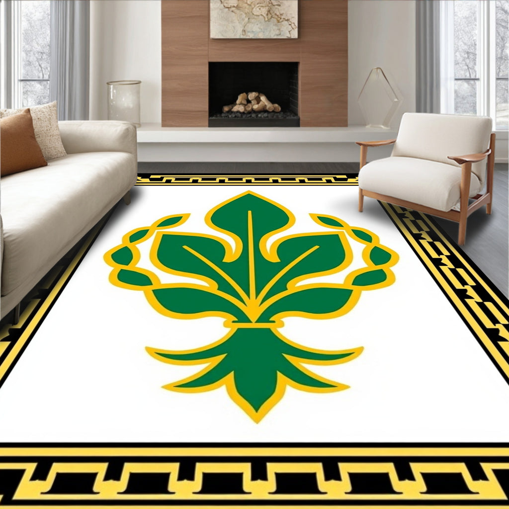 Emerald Green Golden Leaf Crest Rectangular Rug