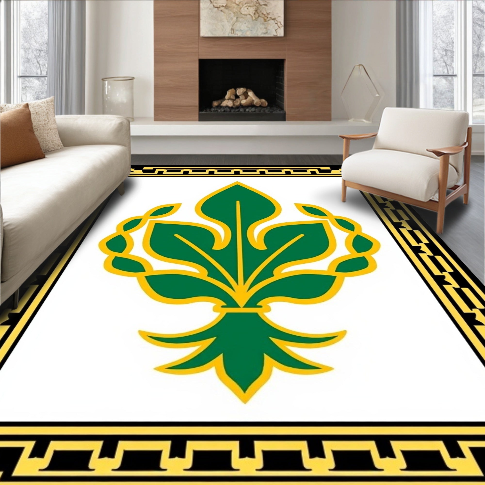 Emerald Green Golden Leaf Crest Rectangular Rug