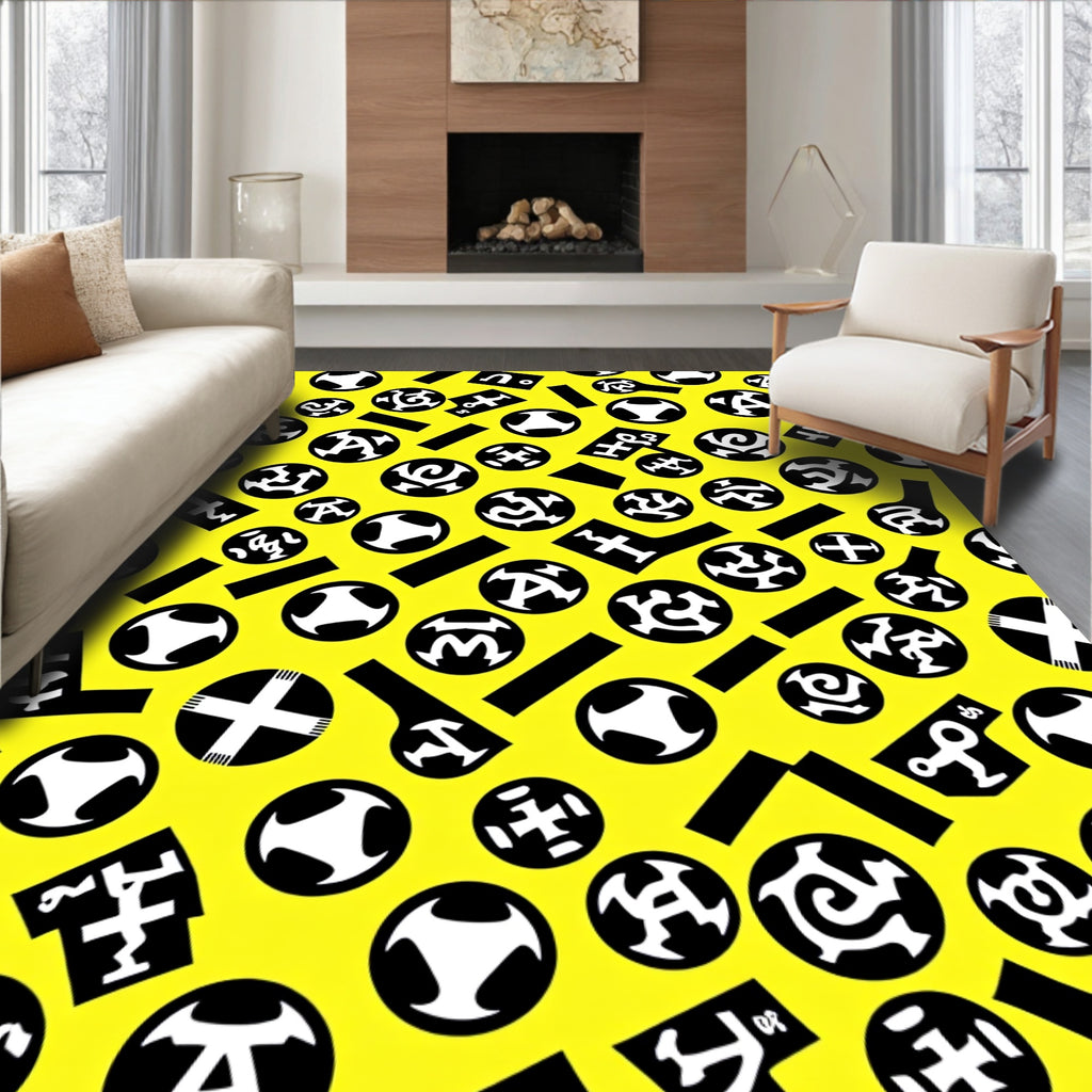 Modern Black Abstract Circles Yellow Rug