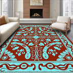 Crimson Cyan Ornate Scrollwork Rug